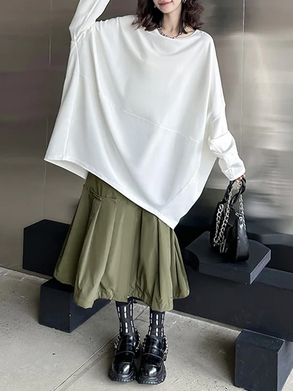 Batwing Sleeves Long Sleeves Solid Color Round-neck T-Shirts Tops - Image 8