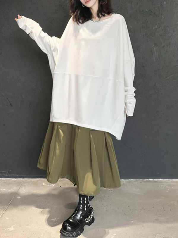 Batwing Sleeves Long Sleeves Solid Color Round-neck T-Shirts Tops - Image 9