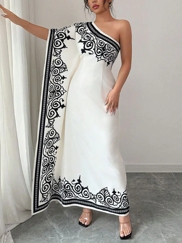 Batwing Sleeves Loose Asymmetric Elasticity Flower Print Pleated One-Shoulder Maxi Dresses - Image 2