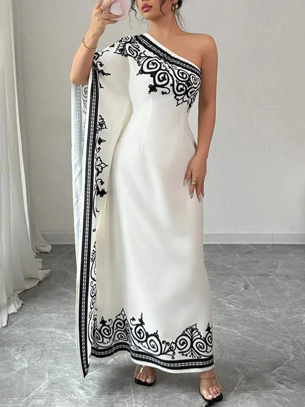 Batwing Sleeves Loose Asymmetric Elasticity Flower Print Pleated One-Shoulder Maxi Dresses - Image 3