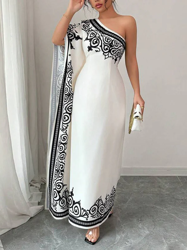Batwing Sleeves Loose Asymmetric Elasticity Flower Print Pleated One-Shoulder Maxi Dresses - Image 4