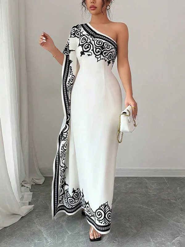 Batwing Sleeves Loose Asymmetric Elasticity Flower Print Pleated One-Shoulder Maxi Dresses - Image 5