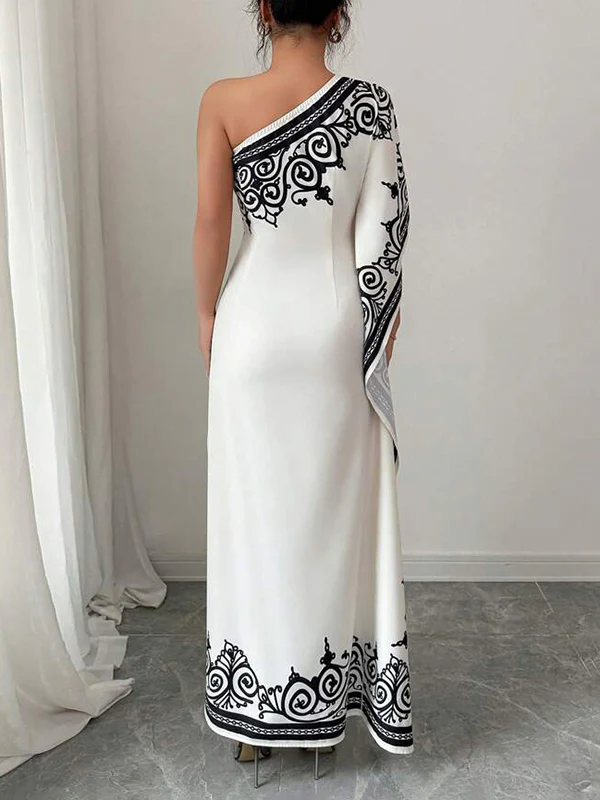 Batwing Sleeves Loose Asymmetric Elasticity Flower Print Pleated One-Shoulder Maxi Dresses - Image 6