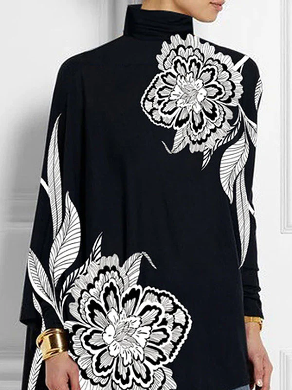 Batwing Sleeves Loose Asymmetric Floral Printed Split-Joint High Neck T-Shirts - Image 2