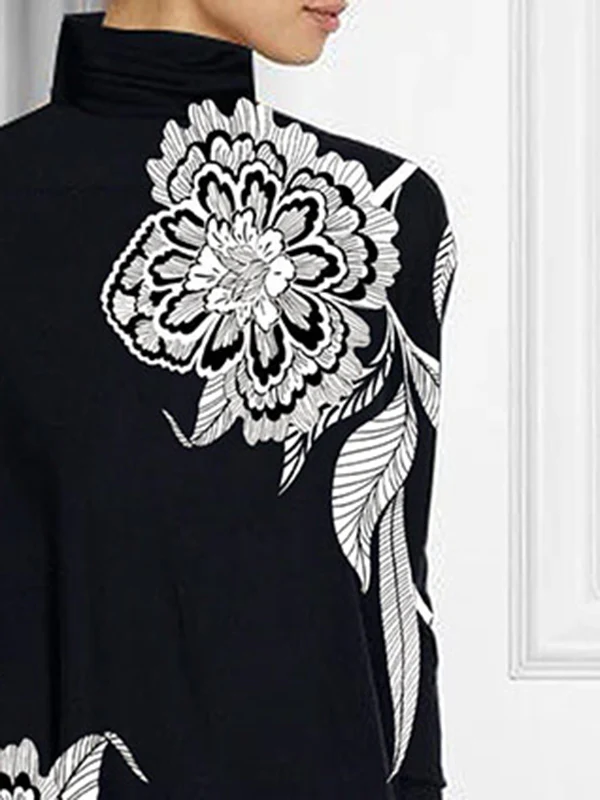 Batwing Sleeves Loose Asymmetric Floral Printed Split-Joint High Neck T-Shirts - Image 3