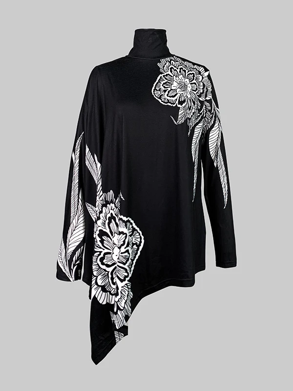 Batwing Sleeves Loose Asymmetric Floral Printed Split-Joint High Neck T-Shirts - Image 4