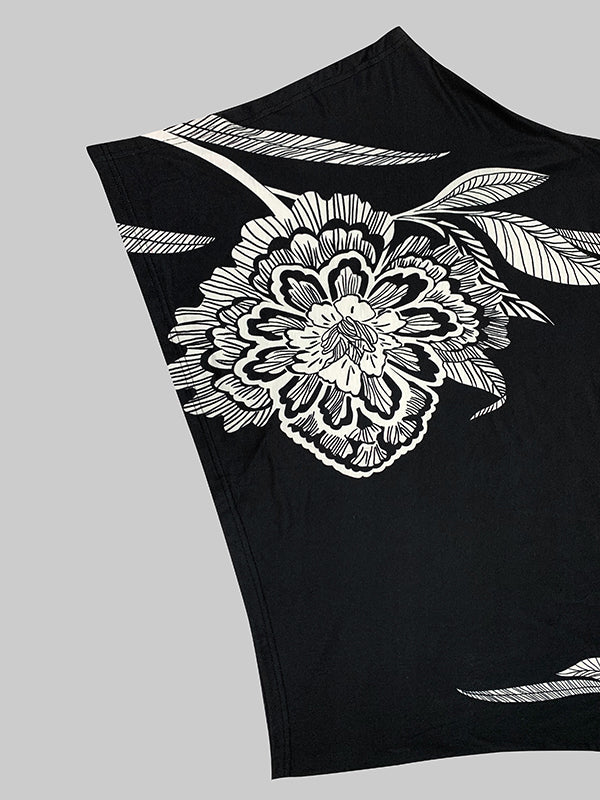 Batwing Sleeves Loose Asymmetric Floral Printed Split-Joint High Neck T-Shirts - Image 7