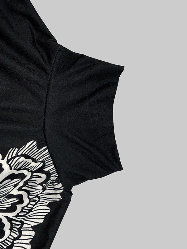 Batwing Sleeves Loose Asymmetric Floral Printed Split-Joint High Neck T-Shirts - Image 8