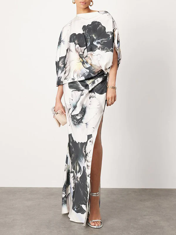 Batwing Sleeves Loose Asymmetric Floral Printed Split-Joint Split-Side One-Shoulder Evening Dresses Maxi Dresses - Image 2
