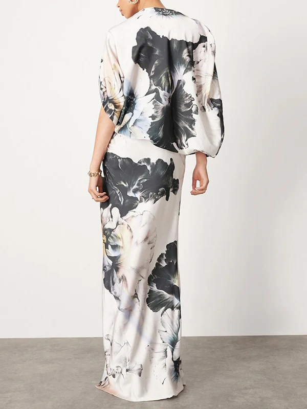 Batwing Sleeves Loose Asymmetric Floral Printed Split-Joint Split-Side One-Shoulder Evening Dresses Maxi Dresses - Image 3