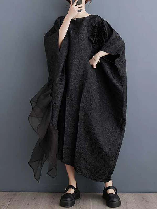 Batwing Sleeves Loose Asymmetric Flower Shape Gauze Jacquard Pleated Solid Color Split-Joint Round-Neck Midi Dresses