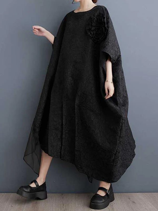 Batwing Sleeves Loose Asymmetric Flower Shape Gauze Jacquard Pleated Solid Color Split-Joint Round-Neck Midi Dresses - Image 2