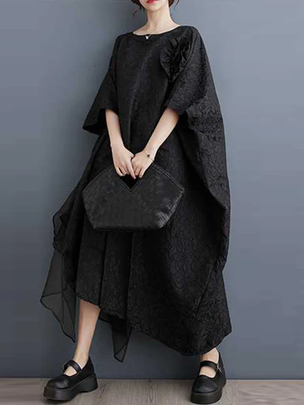 Batwing Sleeves Loose Asymmetric Flower Shape Gauze Jacquard Pleated Solid Color Split-Joint Round-Neck Midi Dresses - Image 3