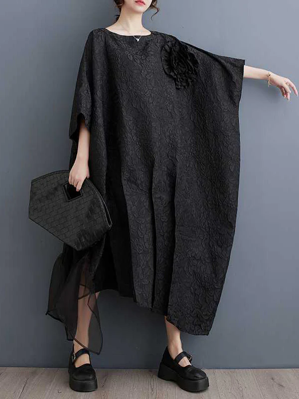 Batwing Sleeves Loose Asymmetric Flower Shape Gauze Jacquard Pleated Solid Color Split-Joint Round-Neck Midi Dresses - Image 4