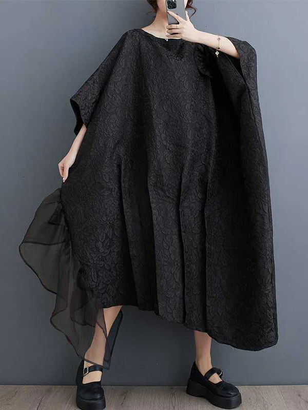 Batwing Sleeves Loose Asymmetric Flower Shape Gauze Jacquard Pleated Solid Color Split-Joint Round-Neck Midi Dresses - Image 5