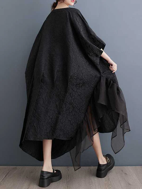 Batwing Sleeves Loose Asymmetric Flower Shape Gauze Jacquard Pleated Solid Color Split-Joint Round-Neck Midi Dresses - Image 6