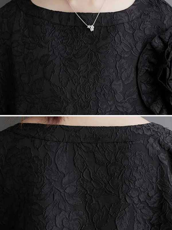 Batwing Sleeves Loose Asymmetric Flower Shape Gauze Jacquard Pleated Solid Color Split-Joint Round-Neck Midi Dresses - Image 7