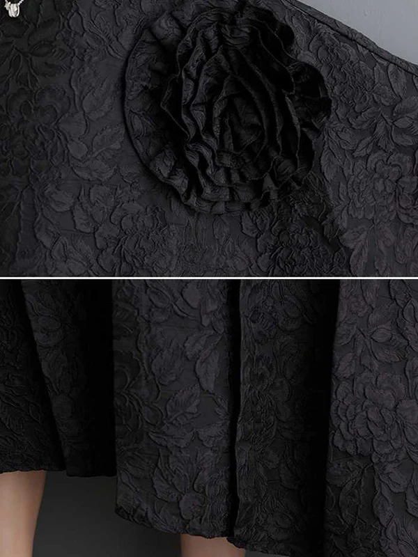 Batwing Sleeves Loose Asymmetric Flower Shape Gauze Jacquard Pleated Solid Color Split-Joint Round-Neck Midi Dresses - Image 8