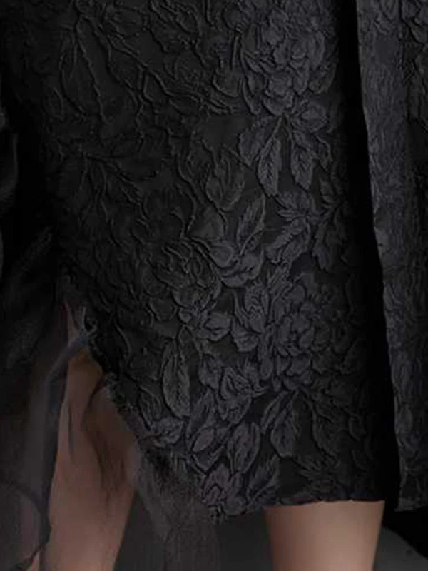 Batwing Sleeves Loose Asymmetric Flower Shape Gauze Jacquard Pleated Solid Color Split-Joint Round-Neck Midi Dresses - Image 9