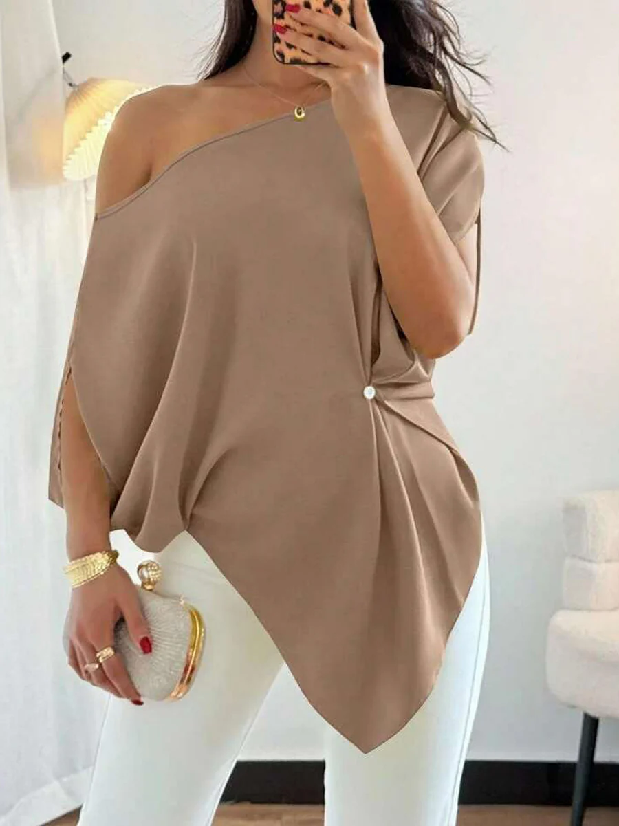 Batwing Sleeves Loose Asymmetric Pleated Solid Color One-Shoulder T-Shirts Tops