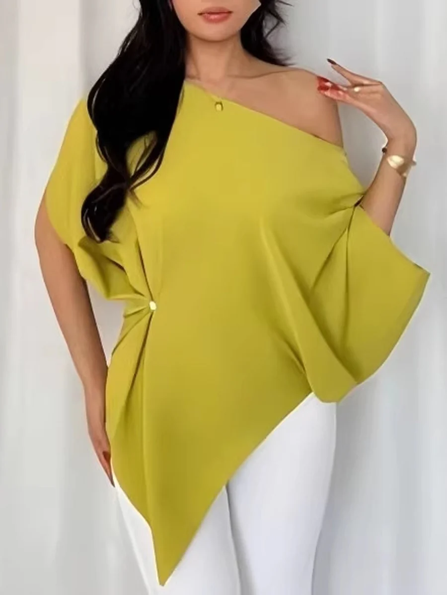 Batwing Sleeves Loose Asymmetric Pleated Solid Color One-Shoulder T-Shirts Tops - Image 2