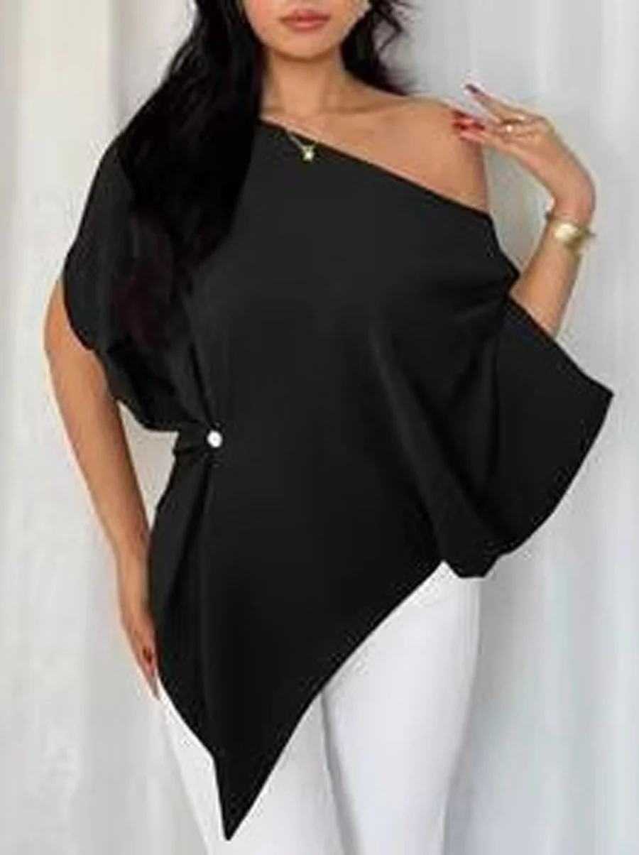 Batwing Sleeves Loose Asymmetric Pleated Solid Color One-Shoulder T-Shirts Tops - Image 3