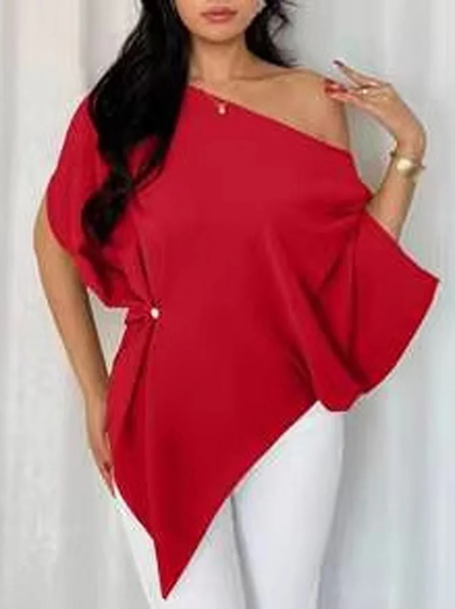Batwing Sleeves Loose Asymmetric Pleated Solid Color One-Shoulder T-Shirts Tops - Image 4