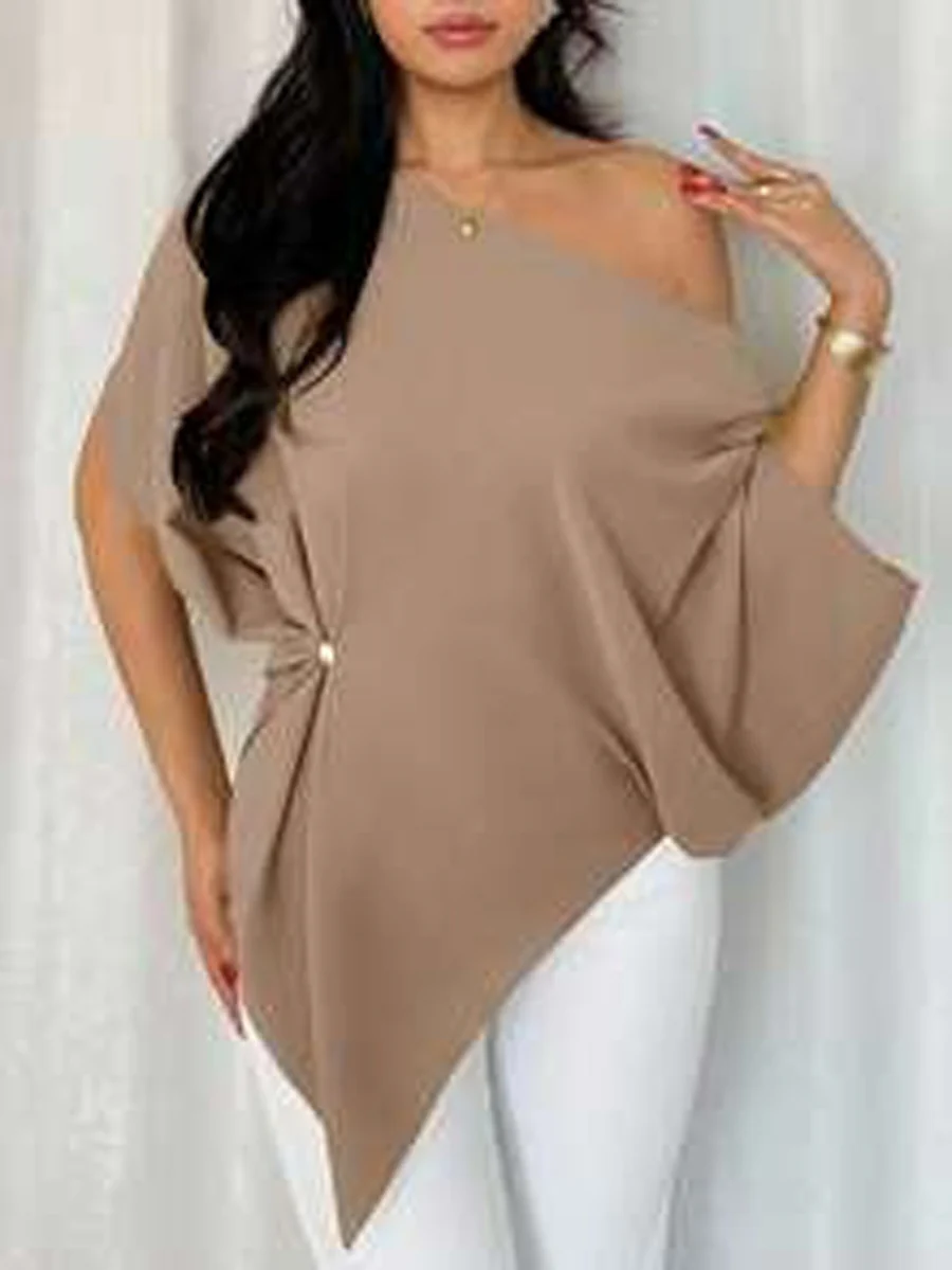 Batwing Sleeves Loose Asymmetric Pleated Solid Color One-Shoulder T-Shirts Tops - Image 5