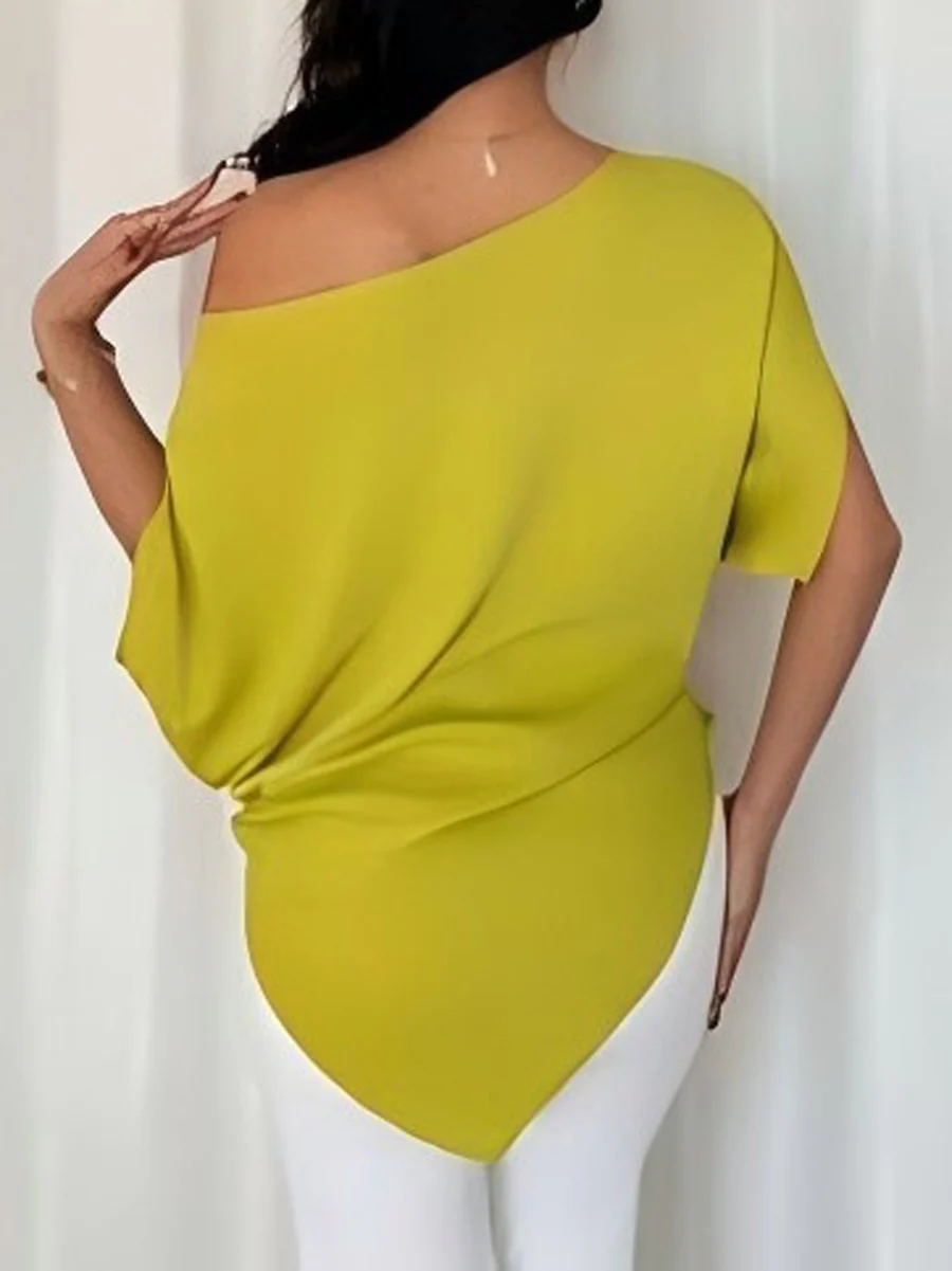 Batwing Sleeves Loose Asymmetric Pleated Solid Color One-Shoulder T-Shirts Tops - Image 6