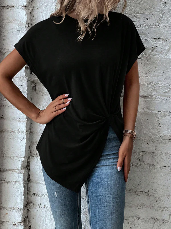 Batwing Sleeves Loose Asymmetric Pleated Solid Color Split-Joint Round-Neck T-Shirts - Image 2