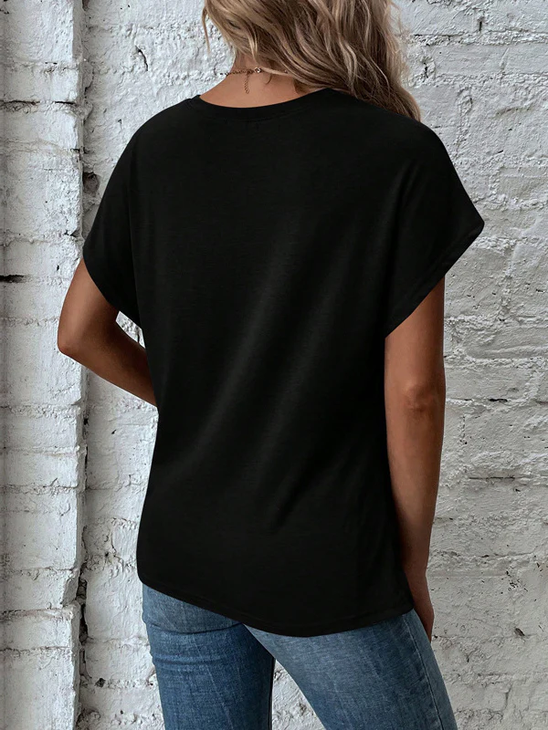 Batwing Sleeves Loose Asymmetric Pleated Solid Color Split-Joint Round-Neck T-Shirts - Image 3