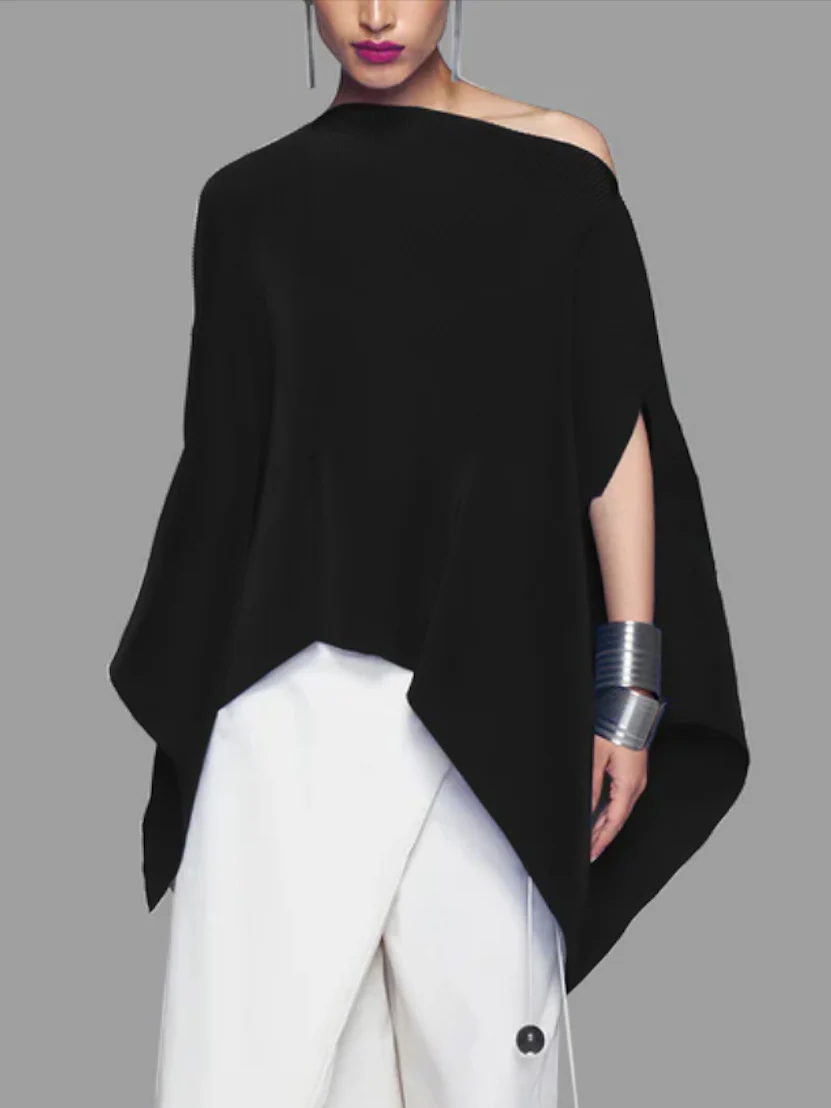 Batwing Sleeves Loose Asymmetric Solid Color One-Shoulder Blouses&Shirts Tops - Image 3