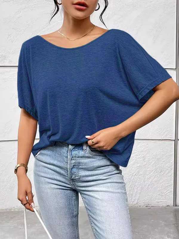 Batwing Sleeves Loose Backless Pleated Solid Color Split-Joint Round-Neck T-Shirts Tops - Image 2