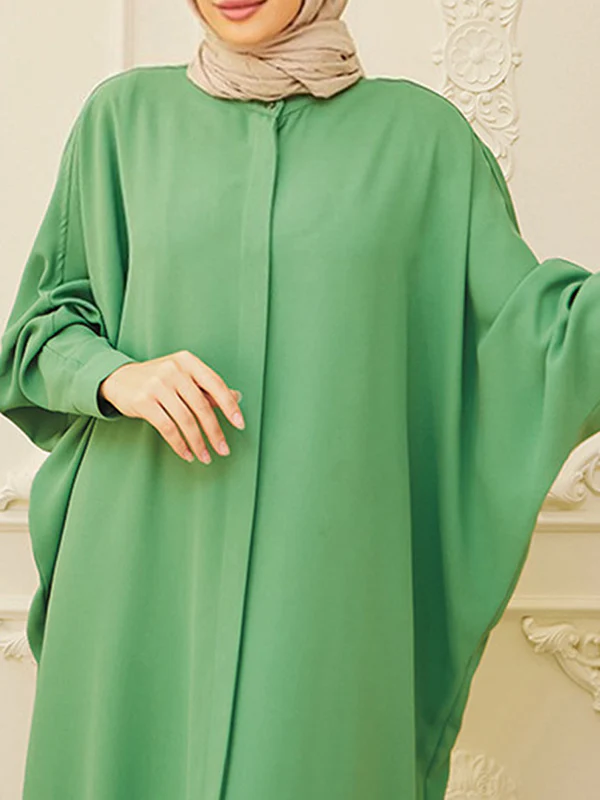 Batwing Sleeves Loose Buttoned Muslim Solid Color Split-Side Round-Neck Maxi Dresses - Image 10