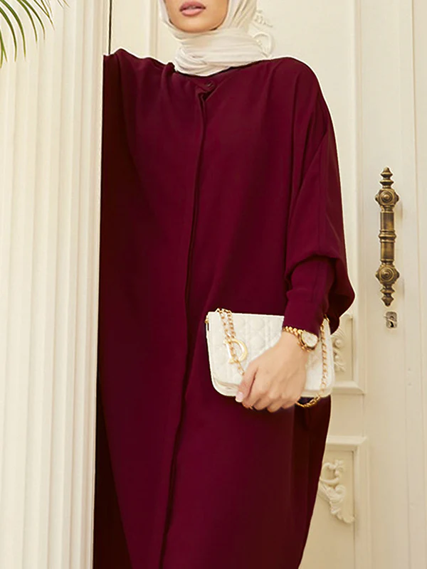 Batwing Sleeves Loose Buttoned Muslim Solid Color Split-Side Round-Neck Maxi Dresses - Image 12