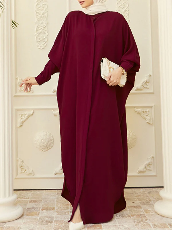 Batwing Sleeves Loose Buttoned Muslim Solid Color Split-Side Round-Neck Maxi Dresses - Image 13