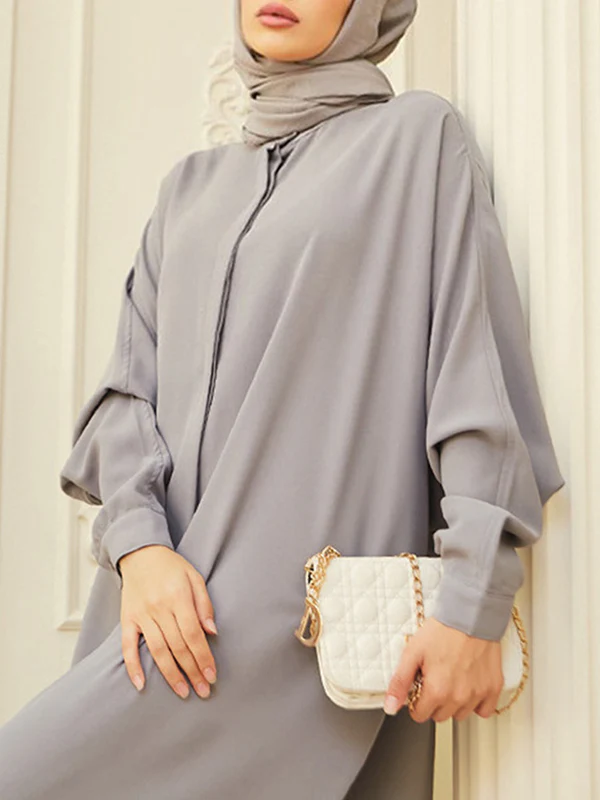 Batwing Sleeves Loose Buttoned Muslim Solid Color Split-Side Round-Neck Maxi Dresses - Image 14