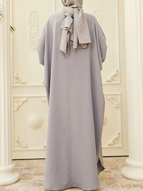 Batwing Sleeves Loose Buttoned Muslim Solid Color Split-Side Round-Neck Maxi Dresses - Image 15