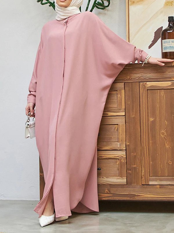 Batwing Sleeves Loose Buttoned Muslim Solid Color Split-Side Round-Neck Maxi Dresses - Image 2