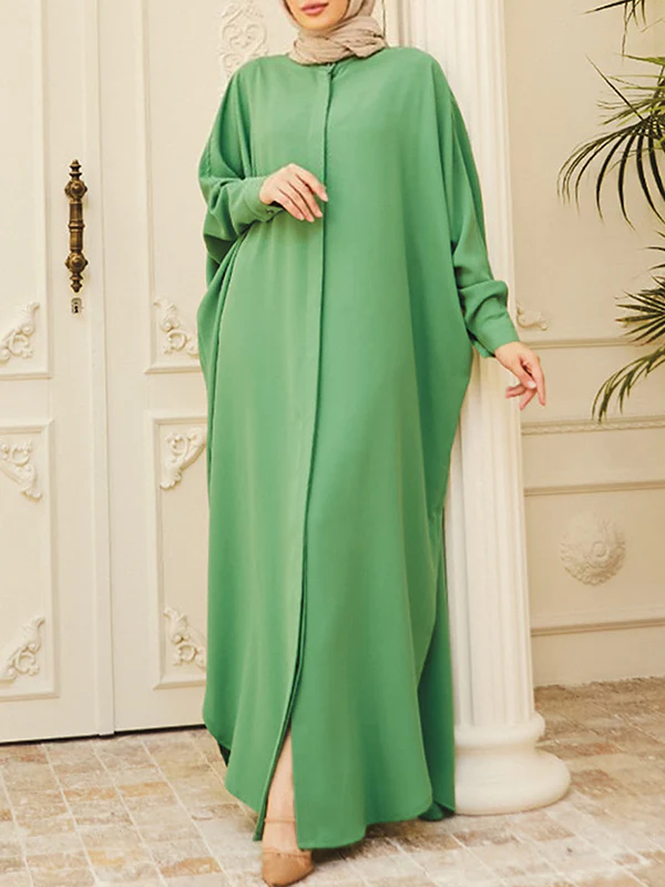 Batwing Sleeves Loose Buttoned Muslim Solid Color Split-Side Round-Neck Maxi Dresses - Image 3