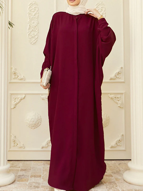 Batwing Sleeves Loose Buttoned Muslim Solid Color Split-Side Round-Neck Maxi Dresses - Image 4