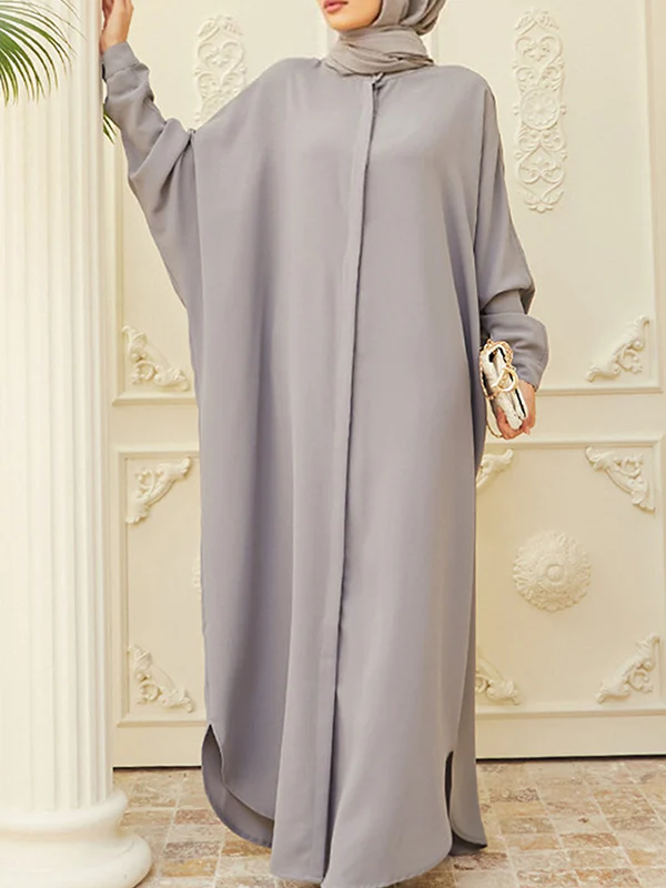 Batwing Sleeves Loose Buttoned Muslim Solid Color Split-Side Round-Neck Maxi Dresses - Image 5