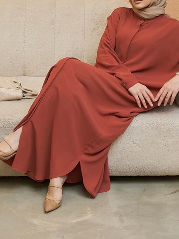 Batwing Sleeves Loose Buttoned Muslim Solid Color Split-Side Round-Neck Maxi Dresses - Image 7