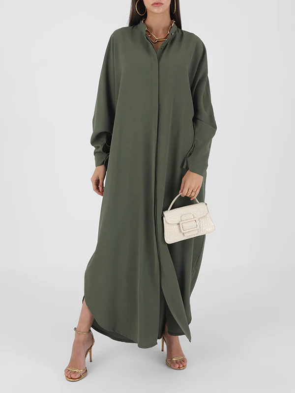 Batwing Sleeves Loose Buttoned Muslim Solid Color Split-Side Round-Neck Maxi Dresses - Image 8