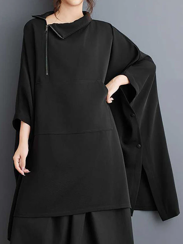 Batwing Sleeves Loose Buttoned Pockets Solid Color Zipper Mock Neck Sweatshirt Tops - Image 2