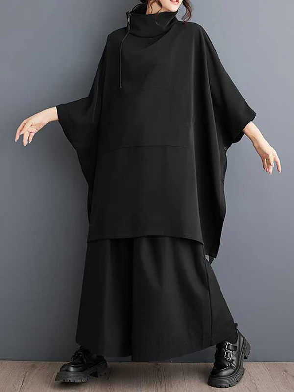 Batwing Sleeves Loose Buttoned Pockets Solid Color Zipper Mock Neck Sweatshirt Tops - Image 3