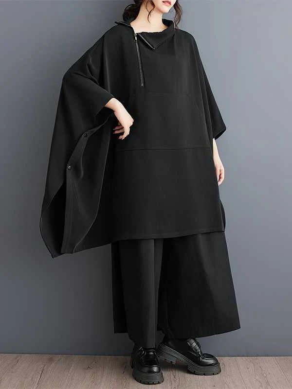 Batwing Sleeves Loose Buttoned Pockets Solid Color Zipper Mock Neck Sweatshirt Tops - Image 4