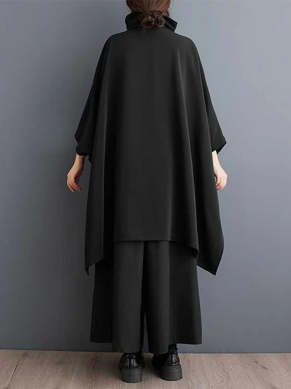 Batwing Sleeves Loose Buttoned Pockets Solid Color Zipper Mock Neck Sweatshirt Tops - Image 5