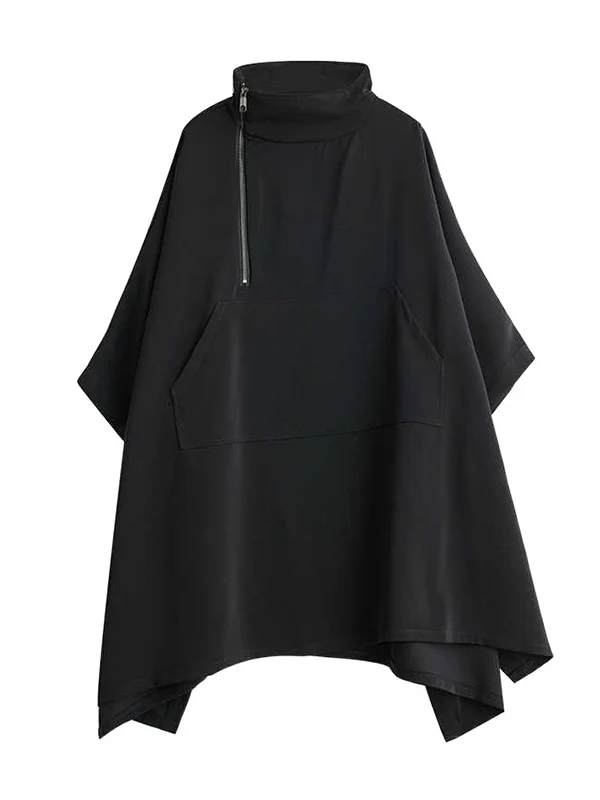 Batwing Sleeves Loose Buttoned Pockets Solid Color Zipper Mock Neck Sweatshirt Tops - Image 6