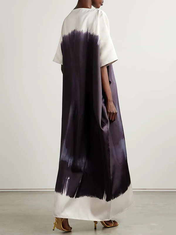 Batwing Sleeves Loose Contrast Color Printed Split-Joint Round-Neck Maxi Dresses - Image 2